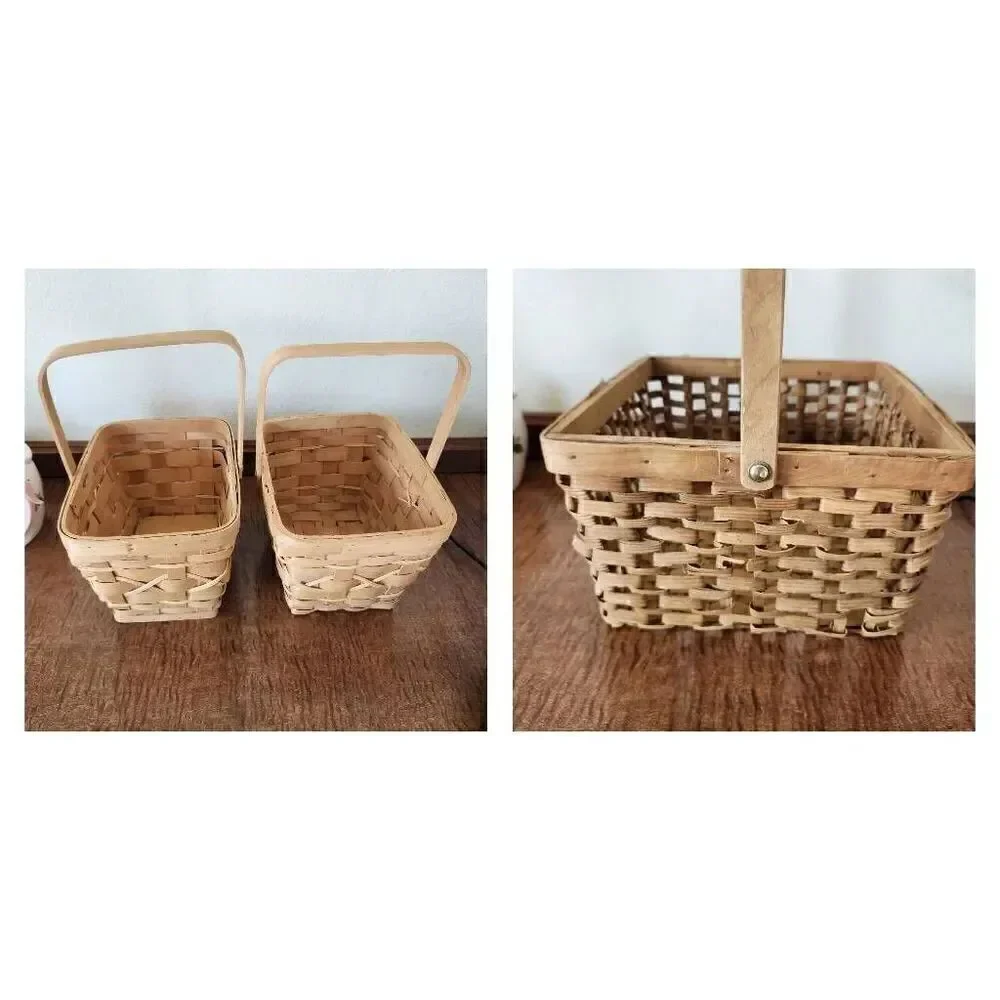 Wooden woven wicker carrying baskets bundle of 3 light brown tan storage organiz